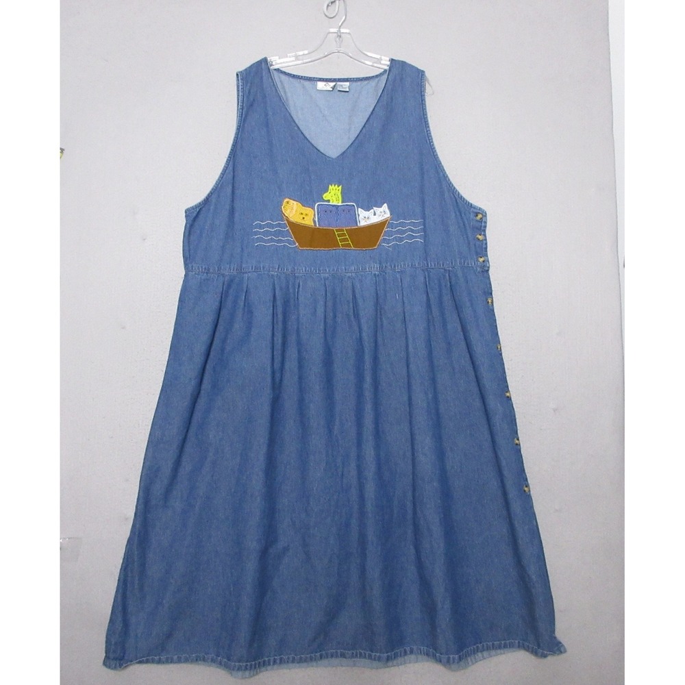 Carolina Blues Jumper 3X Noahs Ark Animal Embroidered Denim V-Neck Maxi Dress